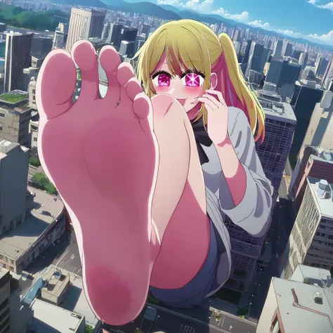 1 girl, oshi no ko, ruby hoshino, stepping, stepped on, pov, angle from above, no shoes, feet, looking down, toes, one, leg lift, foot focus, barefoot, standing on one leg,  depth of field, outdoors,( foreshortening:1.2), facial blur, blurry face, building...