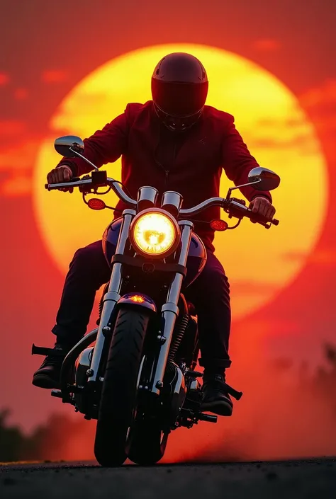 motorcycle, strong man, riding bike, fire from fuel nozzle, sun setting, red sky, high definition, gangster, firearm