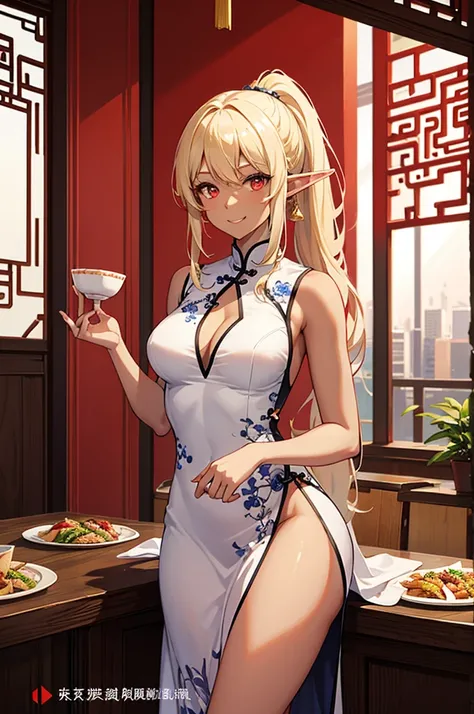 Beautiful images,Detailed Images,Official image,(Chinese restaurant background),One Woman,Blonde,Red Eyes,Ponytail Hair,Model body type,(Dark Skin:1.3),Elf Ears,Large Breasts,(China dress:1.3),Smile small,