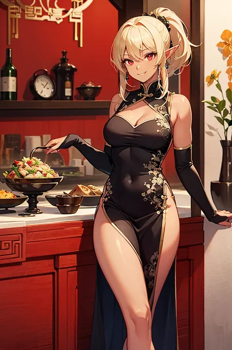 Beautiful images,Detailed Images,Official image,(Chinese restaurant background),One Woman,Blonde,Red Eyes,Ponytail Hair,Model body type,(Dark Skin:1.3),Elf Ears,Large Breasts,(China dress:1.3),Smile small,