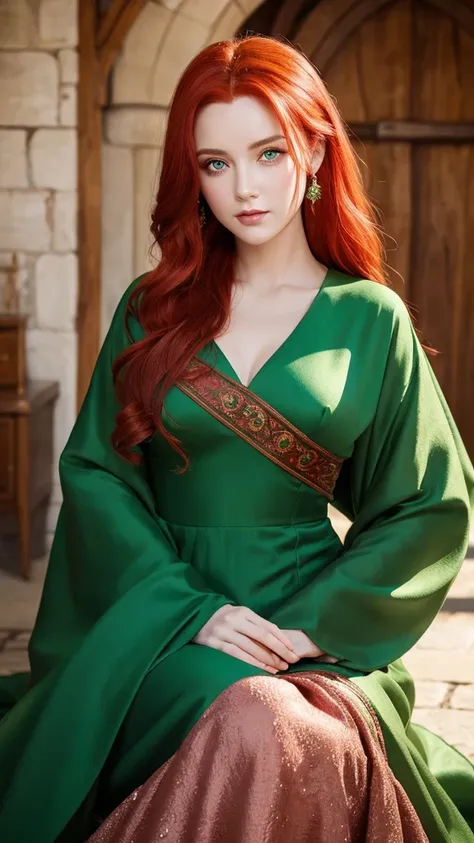 ""A woman with bright red hair and emerald eyes, wearing a flowing, medieval gown.