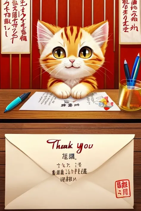 Poster、Japanese、((Text only))、((Thank you letter))、Penmanship、Pen、cute kitten drawing