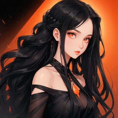 Beautiful young woman with long black hair wearing a night dress. The background is a stage with orange and black tones. There is a spotlight shining on her face. Close-up.