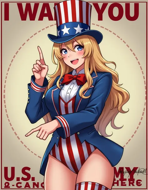 Mature beautiful woman,(Highest quality,Extremely detailed depiction,Incredibly absurd high resolution,Anatomically accurate depiction),Woman dressed as Uncle Sam,Pointing here,Poster,Text at the bottom of the picture,article:I Want You for U.S. Army,anime...