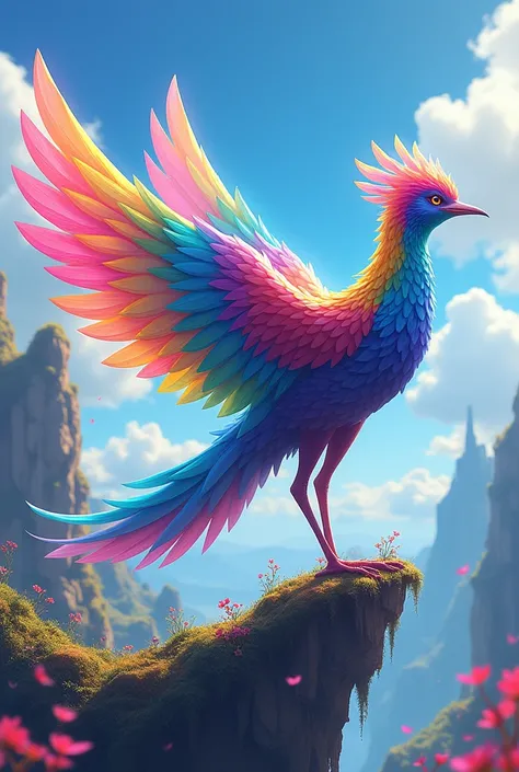 anime、デジタルanimeアート、Flat Design,(masterpiece:1.2)、high quality、High resolution、Very detailed、(Amazingly absurd:1.2)、break,Bird with rainbow feathers、Colorful background、Beautiful light effects、Fantastic landscape, anime style