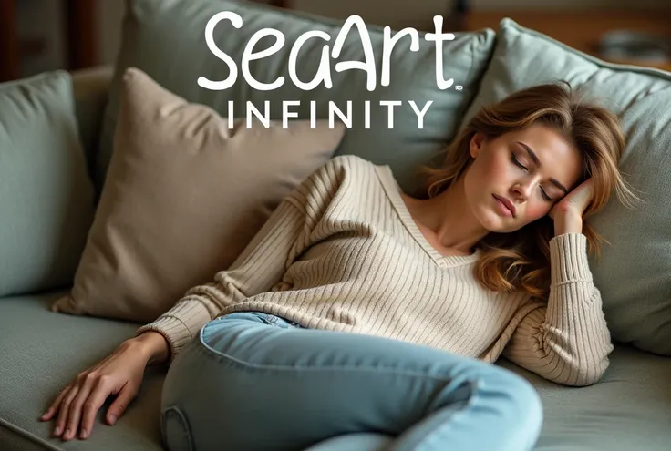 A woman dozing on her favorite sofa with "SeaArt INFINITY" written in large letters in the center,