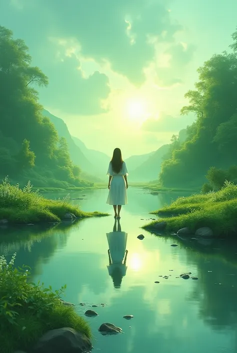 4K,Every green空 carries the promise of a new dawn, Paving the way for a beautiful beginning,Beautiful nature paintings. green,green空, green、A woman is reflected in the photo.、Back view