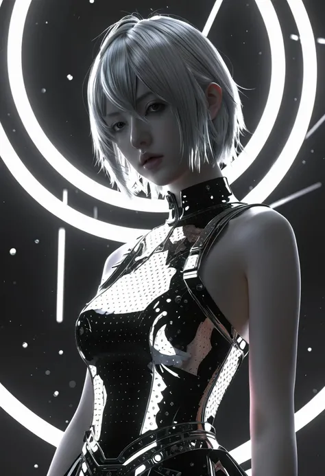 Satellite, lord of mystery, Suzuki, money rain, nier automata, symmetrical backlighting, highly detailed, vray, 3D geometric neon rendered portrait, chrome, black and white, digital art, trending on artstation, octane render, anime style, fashion model