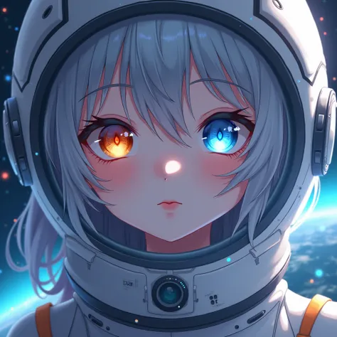 ( anime hd girl Close-up of a better masterpiece:1.5)0.9], (Space and astronauts:1.2) (Messy silver hair:1.1) (Heterochromia xanthochromia and blue eyes:1.2) (Space Helmet:1.0) (Colored stars in the eyes:1.0) (A radiant glow:1.1) (thick lips:0.9)