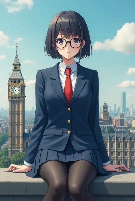 Giantアート, Surreal school girl, 非常に詳細なGiantショット, Giant, short hair, Black Pantyhose, ((A giant schoolgirl&#39;Much larger than a skyscraper)),  A giant schoolgirl&#39;Sitting on the roof of the Parliament Building、Wear rimless glasses,  Navy Blue Blazer, Re...