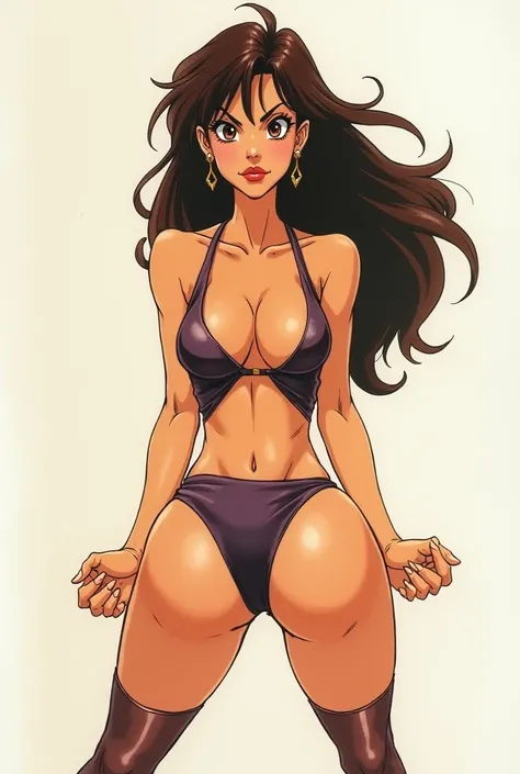 Watercolour, 1980s anime, latina, milf, female elf, (mature face), black eyeliner, (shot from behind:1.4), (doing squats:1.4), plumb ass, pelvic curtain, thighhighs, huge breasts, see through nipples, skindentation, bursting breasts, curvy, cleavage_cutout...