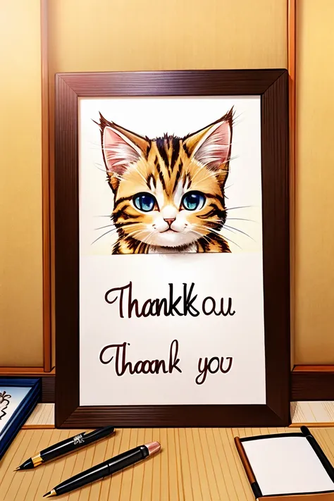 Poster、Japanese、((A big thank you is written on it))、Penmanship、Pen、cute kitten drawing、Copic