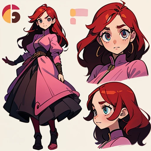 A girl with deep red hair, with a bright and striking tone.
- Her hair is short and slightly wavy, reaching just above her shoulders.
- She wears straight bangs that cover her forehead and mix with longer strands on the sides of her face, framing it softly...