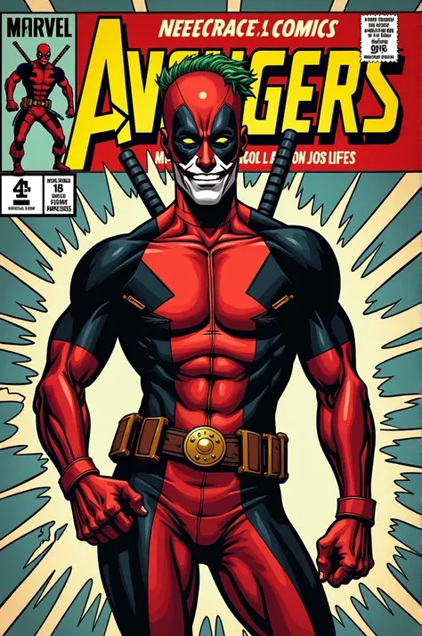 Old style marvel comic book cover ,with a character with joker pants, deadpool jumpsuit, face with clown makeup, with title of avenger