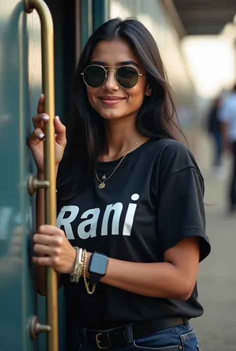 A real 18 year old Indian girl standing looking out, holding the angle of the door of a real moving train, wearing a black shirts with "Rani" clearly written on it white latters, and smiling, Some blurred people standing at the station, stylish black hair,...