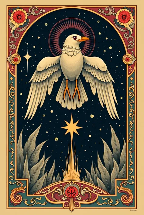 a poster with a bird and a star on it, poster art by Tim Biskup, featured on behance, international typographic style, illustrated poster, poster illustration, dayer diego artwork, divine god, poster design, book cover illustration, three eyed goddesses, f...