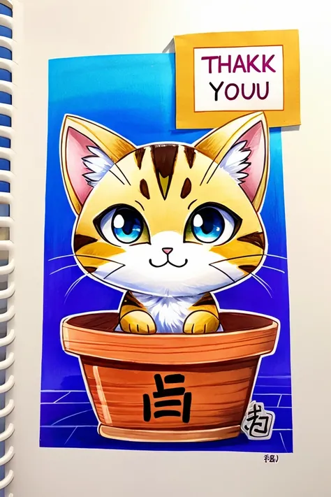 Poster、Japanese、((A big thank you is written on it))、cute kitten drawing、Copic、Mechanical thank you logo