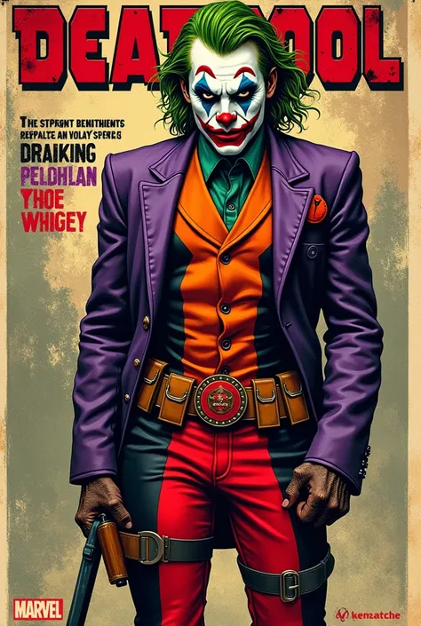 Old style marvel comic book cover ,with a character with Deadpool pants, Joker jacket, face with clown makeup, with title of "vingator"