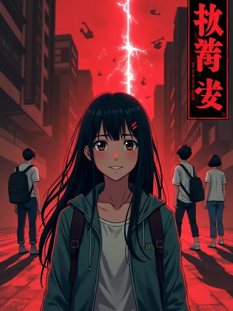 Design a cover for a dark fantasy psychological drama light novel set in Rio de Janeiro in 2050, with a style similar to "inuyasha" ou "Yuyu Hakusho", showing a smiling Japanese teenager holding a backpack with long black hair in the foreground, while in t...