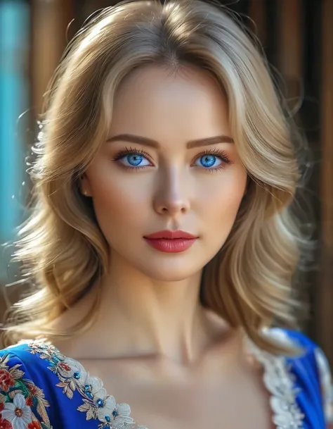 (best qualityer, 4K, 8k, high resolution, work of art: 1.2), (super verbose, realisitic, Fotorrealisitic:1.37)A Beautiful Russian Woman 40 years with dark blonde hair, bright white skin, blue eyes in the South Korea.