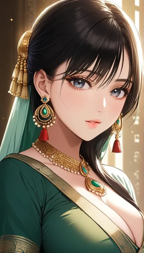 1 girl, extremely detailed beautiful face, striking features, hypnotic eyes, elegant sari, ultra high detailed, ultra high resolution, ultra high quality, masterpiece, perfect lighting, large breasts, long tassel jhumka earrings