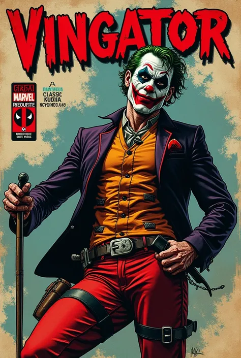 Old style marvel comic book cover ,with a character with clothes from Deadpool pants, Joker jacket, face with clown makeup, white hair, with title of "vingator"