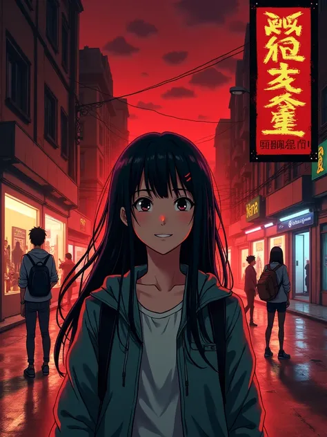 Design a cover for a dark fantasy psychological drama light novel set in Rio de Janeiro in 2050, with a style similar to "inuyasha" ou "Yuyu Hakusho", showing a smiling Japanese teenager holding a backpack with long black hair in the foreground, while in t...