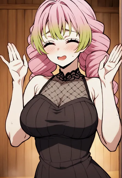 Mitsuri,hands up,sleeveless dress,big boobs, sauna 