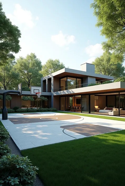 Modern house with basketball court in the garden 