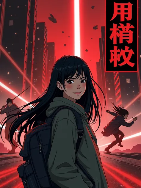 Design a cover for a dark fantasy psychological drama light novel set in Rio de Janeiro in 2050, with a style similar to "inuyasha" ou "Yuyu Hakusho", showing a smiling Japanese teenager holding a backpack with long black hair in the foreground, while in t...