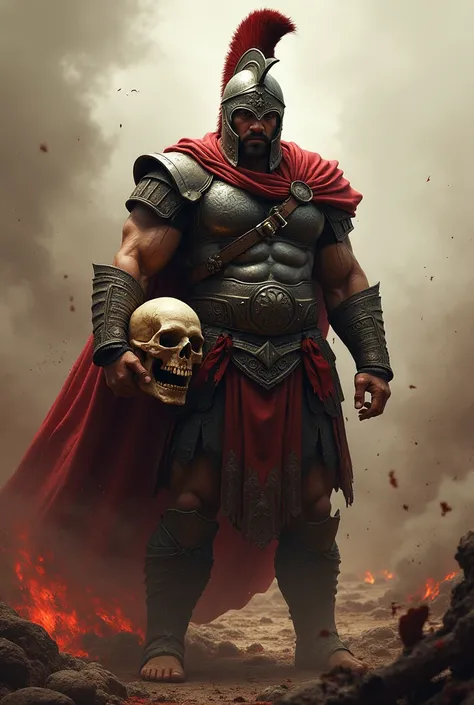 Spartan on the battlefield full of blood, holding a skull.