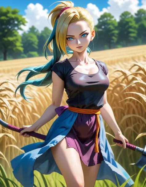 em anime dbz jinx arcane lol com muitas borboletas clad in traditional slavic attire, wielding a scythe as she mows through a vi...