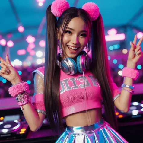 A young DJ with long straight hair, tied into two high ponytails decorated with neon pink pompoms. She wears a bright pink crop top with silver lettering and a silver holographic flared skirt.. At an outdoor festival, with pink and blue neon lights flashin...