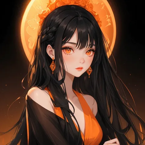 Beautiful young woman with long black hair wearing a night dress. The background is a stage with orange and black tones. There is a spotlight shining on her face. Close-up.