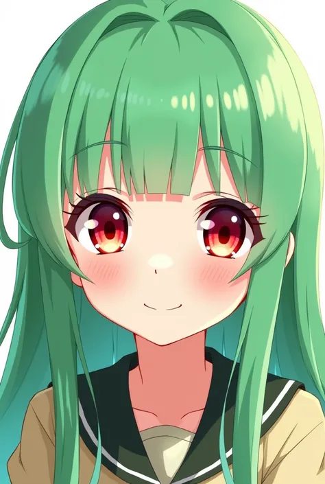 Draw me a girl with A long green bright hair straight with bangs and red 
dominant eyes and black eyebrows make her cute and smilling 