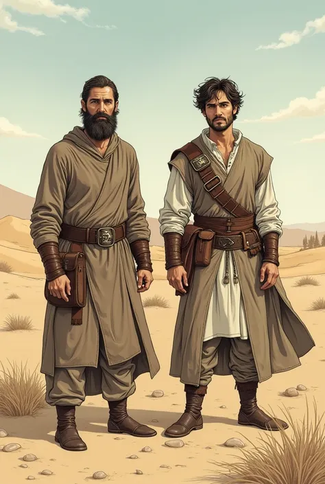 The same young man but now in a desert with another young man by his side in a somewhat medieval drawing 