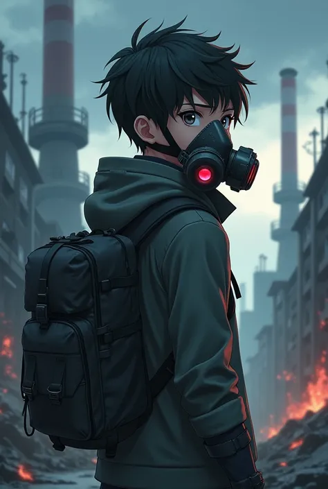 Boy wearing Gas Mask and backpack anime