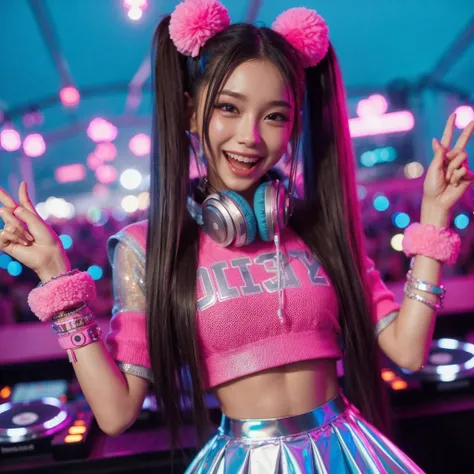 A young DJ with long straight hair, tied into two high ponytails decorated with neon pink pompoms. She wears a bright pink crop top with silver lettering and a silver holographic flared skirt.. At an outdoor festival, with pink and blue neon lights flashin...