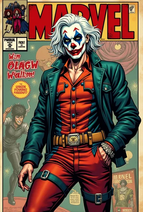 Old style marvel comic book cover ,with a character with clothes from Deadpool pants, Joker jacket, face with clown makeup, white hair, with title of "vingator"