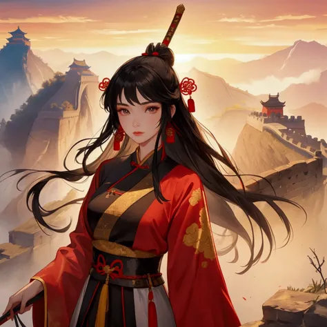 a beautiful young woman in the costume of an ancient Chinese general with long black hair, a barrette, and a long spear in her hand. standing on the great wall of China lookin down, close up, sunset.