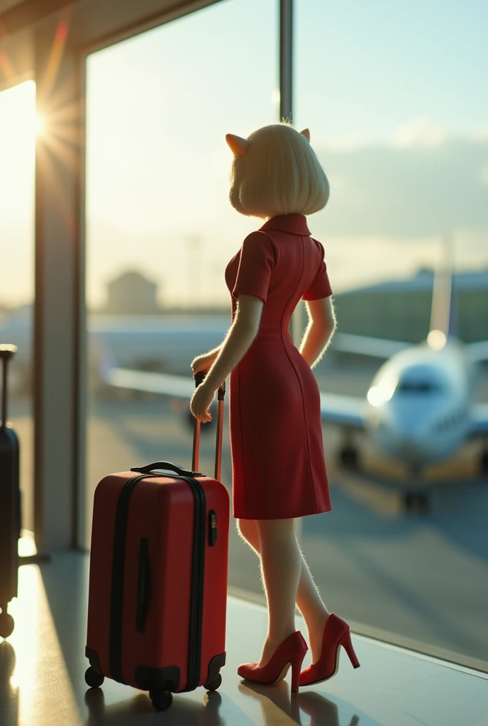 35mm lens，Multiple angles，full-body shot，漂亮的Cat，cute，Sexy，Personification，Back，side，silhouette，Overhead shot，Cat，Standing，doll，Airline stewardess，Trolley case，，AIRPORT，Boeing 747 background，Airline stewardess， cloak,Ruan Jia,，Work clothes，tie, full-body sh...