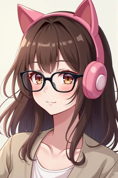 Characters female pale skin brown hair black glasses pink cat ear headphones