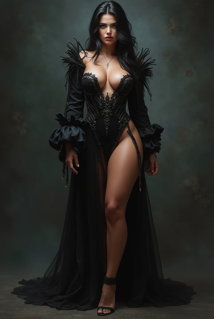 Design dressless and alluring character inspired by Malif . She should exude confidence and mystery, with a wardrobe that blends elegance and enchantment. Focus on intricate, dark, and dramatic boobs are seen, such as a curvy body with high slits, fitted b...