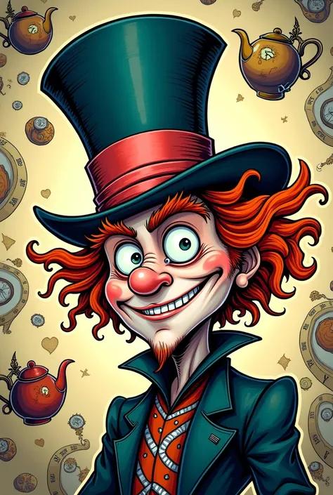 Make a drawing of the Mad Hatter from Alice in Wonderland painted in comic style 