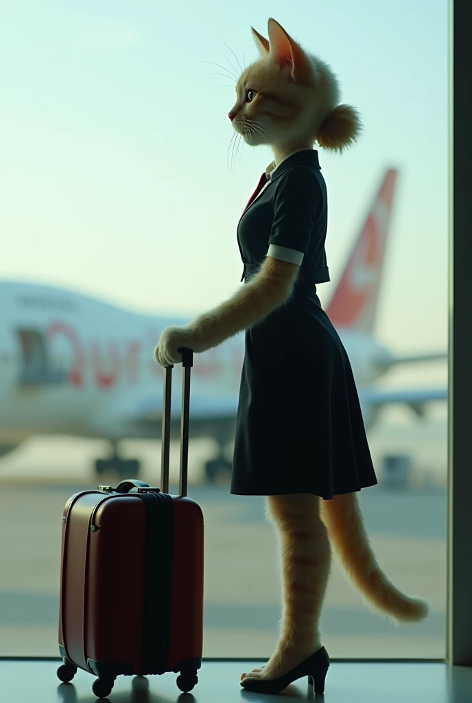 35mm lens，Multiple angles，full-body shot，漂亮的Cat，cute，Sexy，Personification，Back，side，silhouette，Overhead shot，Cat，Standing，doll，Airline stewardess，Trolley case，，AIRPORT，Boeing 747 background，Airline stewardess， cloak,Ruan Jia,，Work clothes，tie, full-body sh...