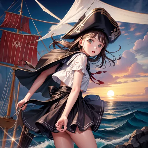 One Girl（８age）, pirate, Highest quality、Cinema Lighting、Sailor suit、Long skirt、 sailboat（Galleon）On the mast、White panties,