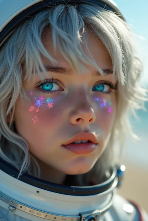 (Close-up of a better masterpiece:1.5)0.9], (Space and astronauts:1.2) (Messy silver hair:1.1) (Heterochromia xanthochromia and blue eyes:1.2) (Space Helmet:1.0) (Colored stars in the eyes:1.0) (A radiant glow:1.1) (thick lips:0.9) at the beach