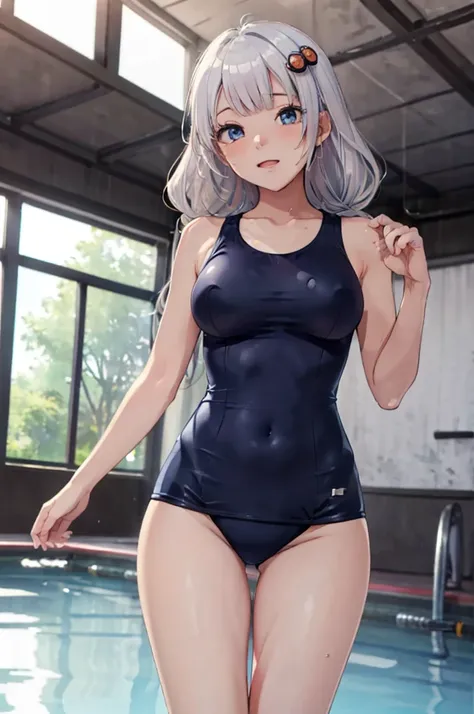 ((masterpiece, best quality, highly detailed, 8K:1.3)), 1 girl, kizuna akari, standing, swimming pool, school swimsuit, one-piece swimsuit, detailed cute face, beautiful eyes, detailed skin, beautiful legs, realistic lighting, realistic clear water