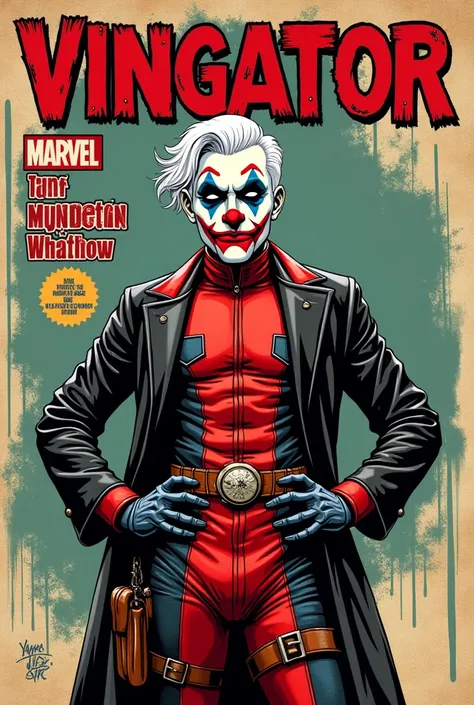 Old style marvel comic book cover ,with a character with clothes deadpool jumpsuit joker jacket face with clown makeup white hair, with title of "vingator"