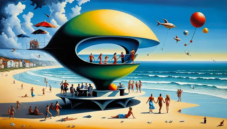 happy people in ((beachfront)) com a ((surrealism art))